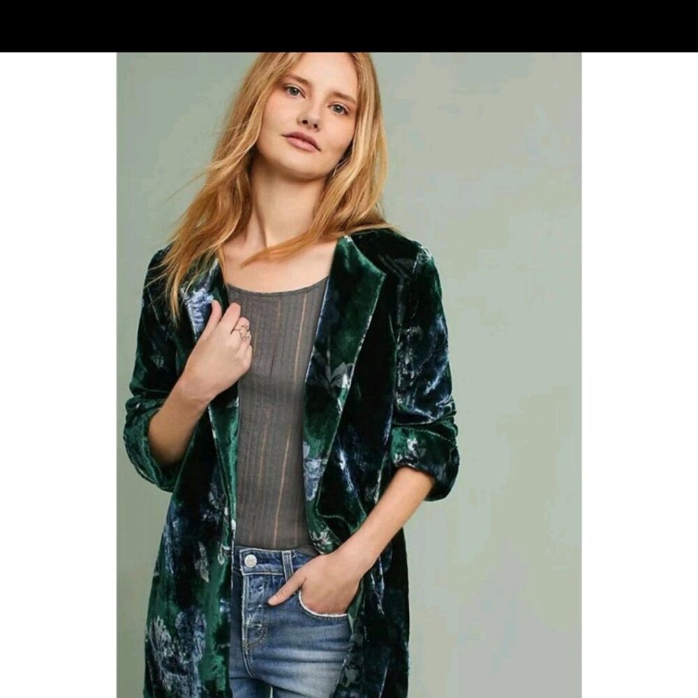 Anthropologie Eva Franco Floral Velvet Car Coat Green Blue Size XS Retro